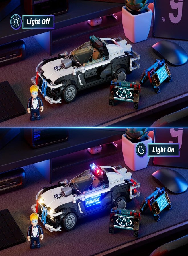 FUNWHOLE Police Patrol Car Lighting Building-Bricks Set - Cyberpunk City Car Chase Playkit with Officer 372 Pcs STEM Toys - Image 2
